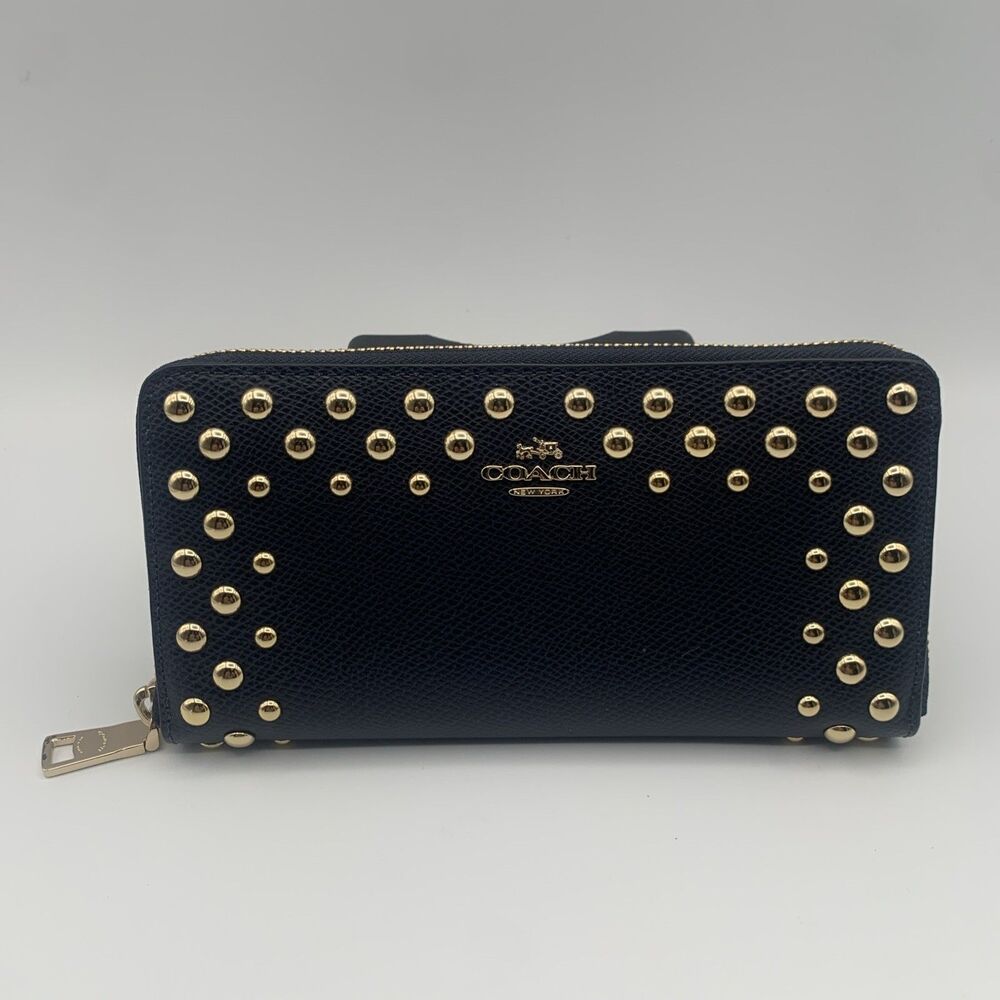 Coach Midnight Blue Pebbled Studded Zip-Around Wallet Gold Horse & Carriage NWT